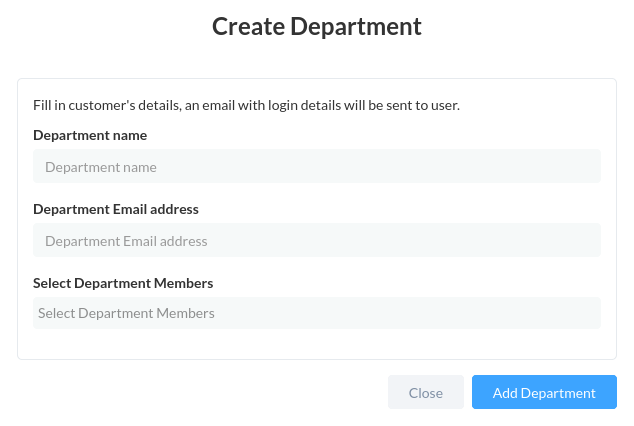 Create Department modal screen