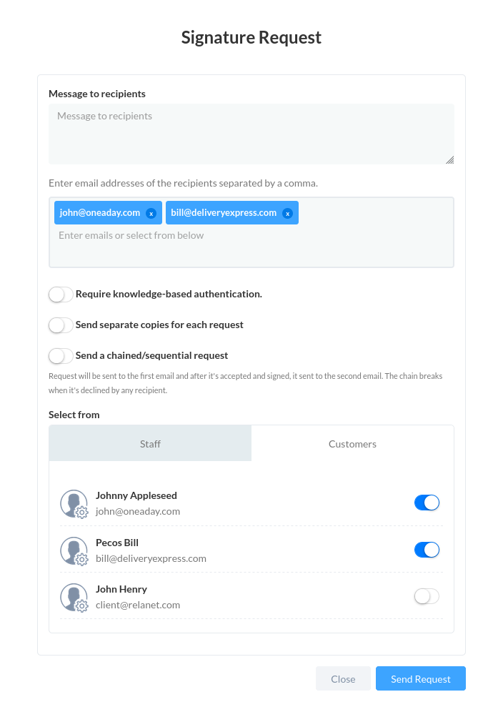 Signature Request modal screen